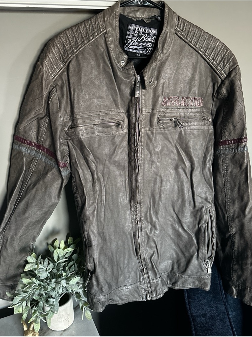 Affliction Men's Grey/Brown Leather Zip-Up Jacket